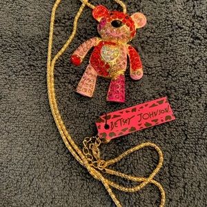 On sale! BJ pink/ red rhinestone teddy bear necklace, 12” drop.